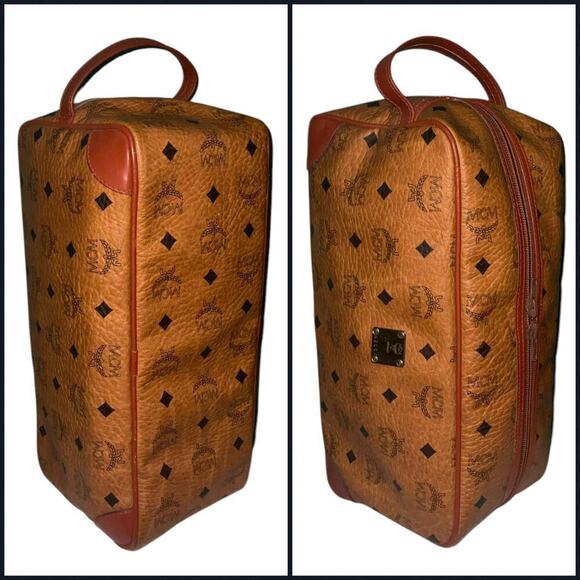 MCM Vintage Visetos Monogram Canvas Toiletry Barrel Bag Nappa Leather Trim - Picture 8 of 16